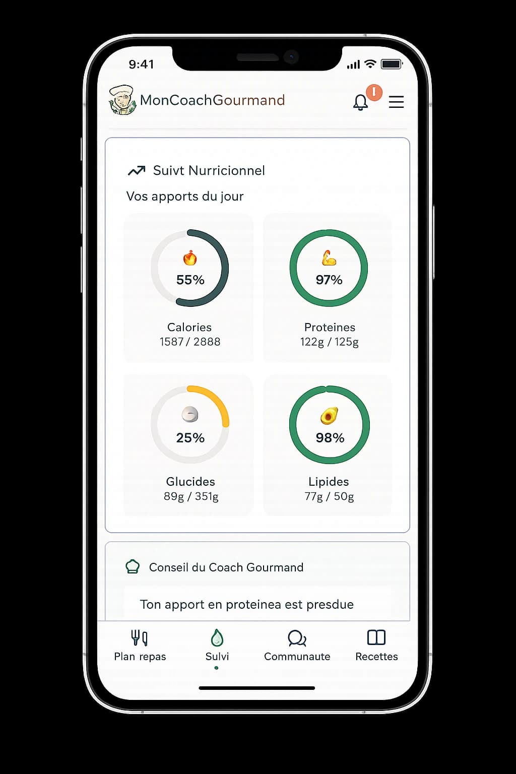 Interface de suivi nutritionnel sur iPhone