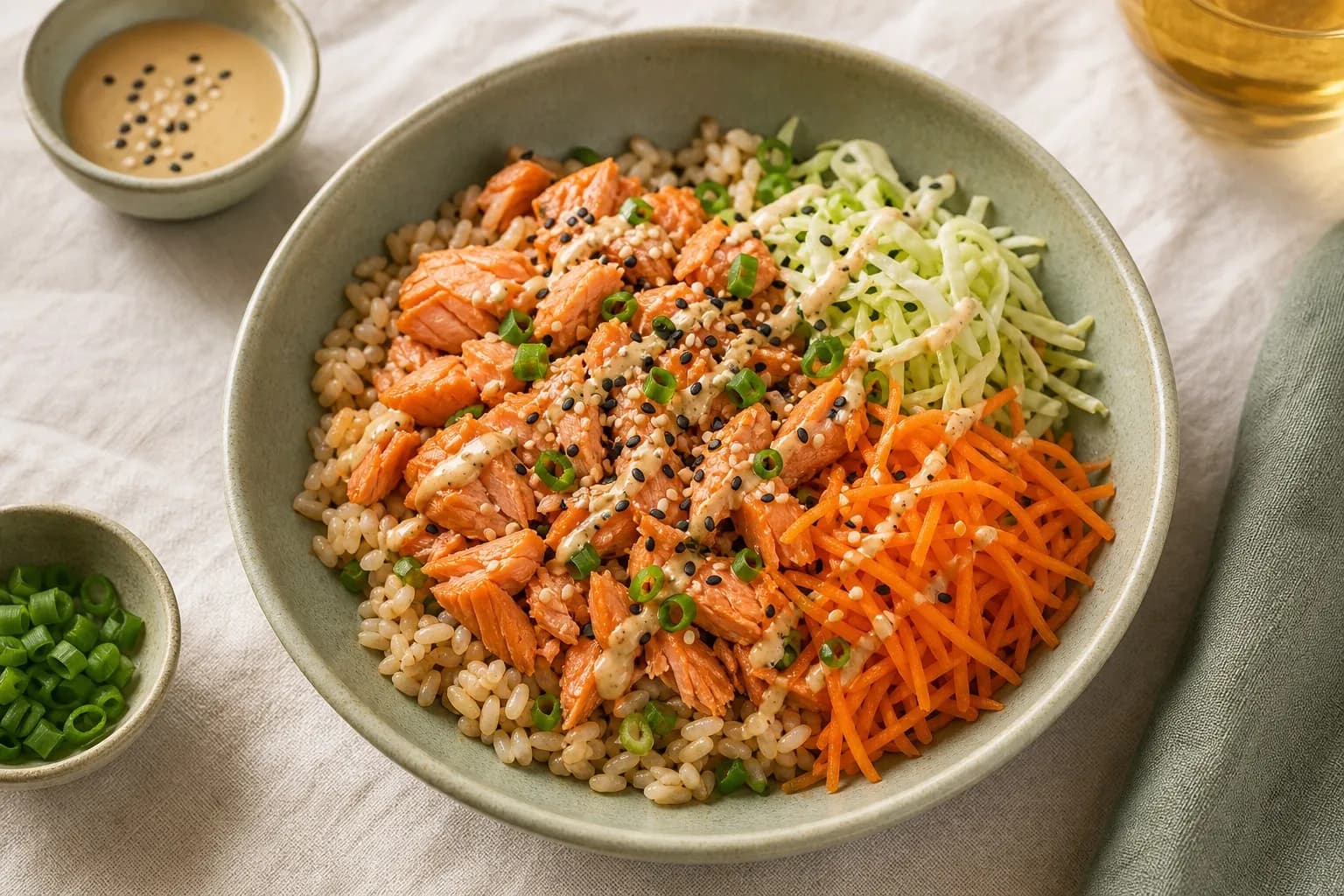 Bowl saumon, riz complet et légumes croquants