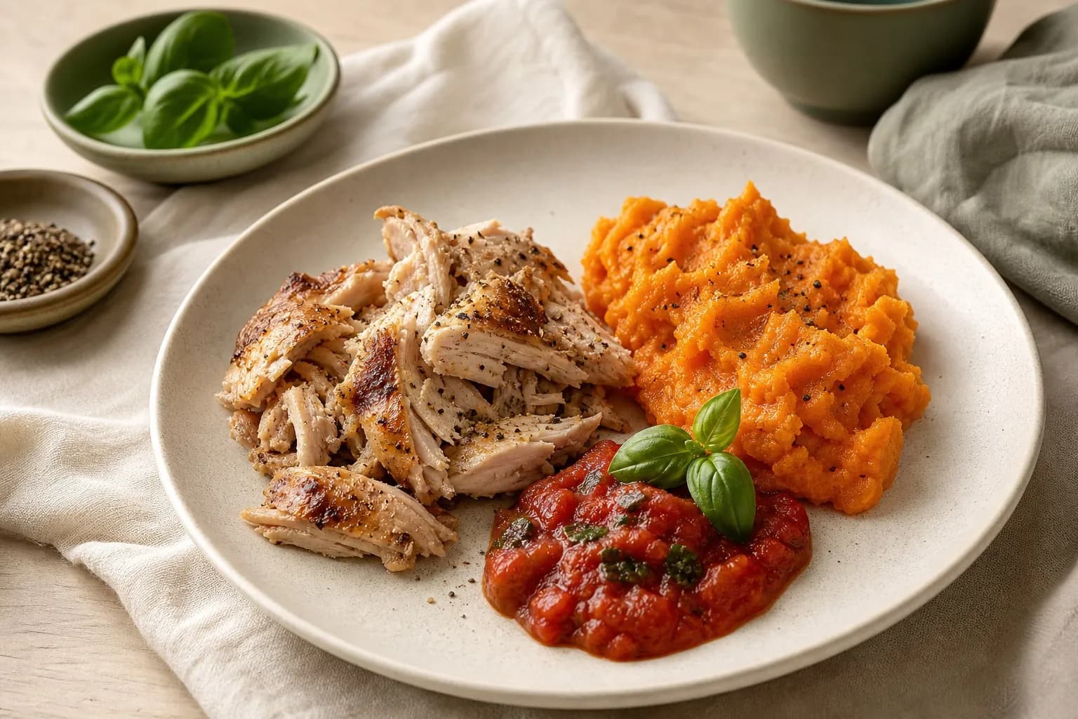 Poulet effiloché, patate douce et sauce fraîche