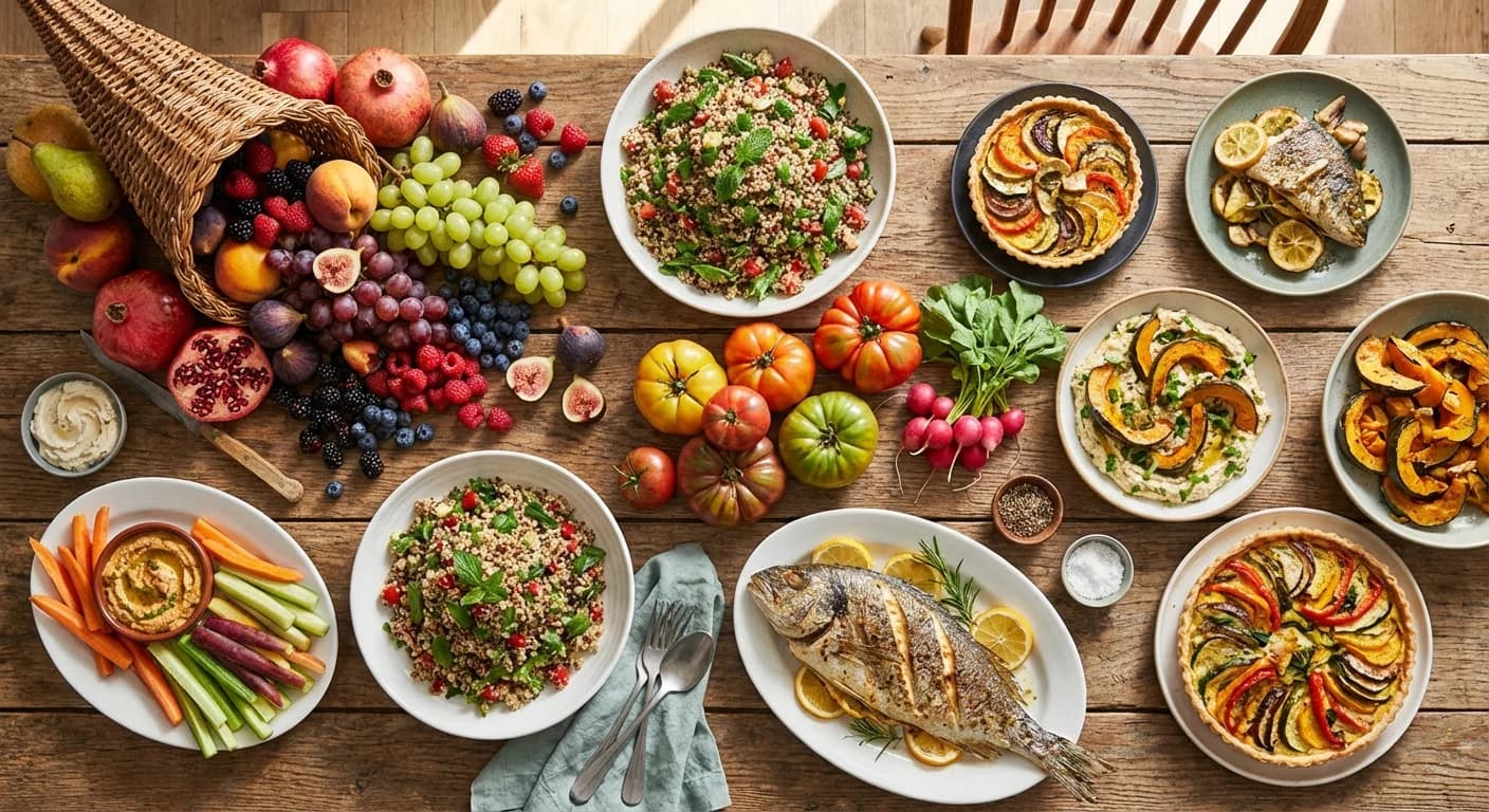 Une table remplie d'aliments variés et délicieux, symbolisant l'abondance et le plaisir sans restriction, avec des fruits, des légumes, et des plats gourmands mais sains, invitant à une alimentation équilibrée et joyeuse.