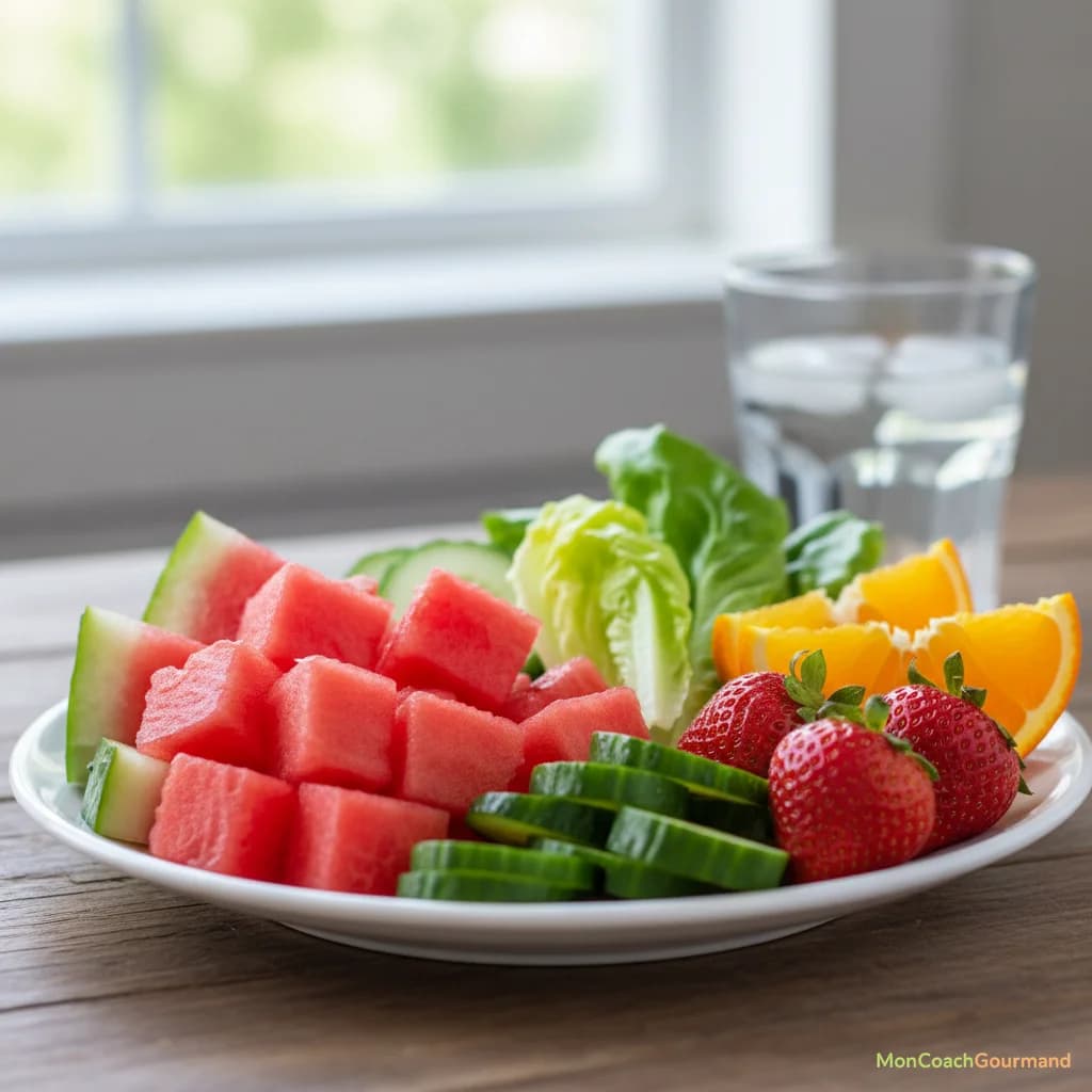Assiette colorée de fruits et légumes frais riches en eau, comme la pastèque, le concombre et les oranges.