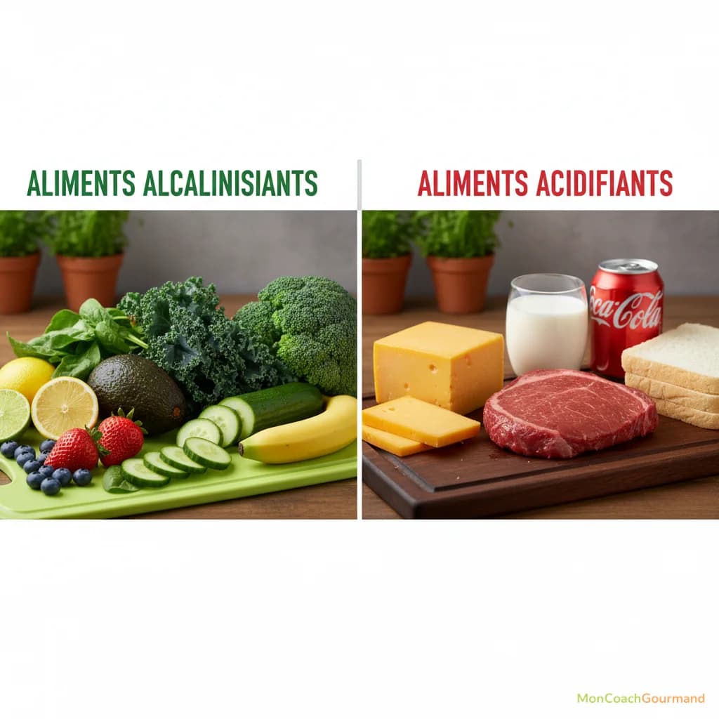 Tableau visuel comparant des aliments alcalinisants (légumes verts, fruits) et acidifiants (viandes rouges, produits laitiers, céréales raffinées) avec leurs PRAL respectifs.
