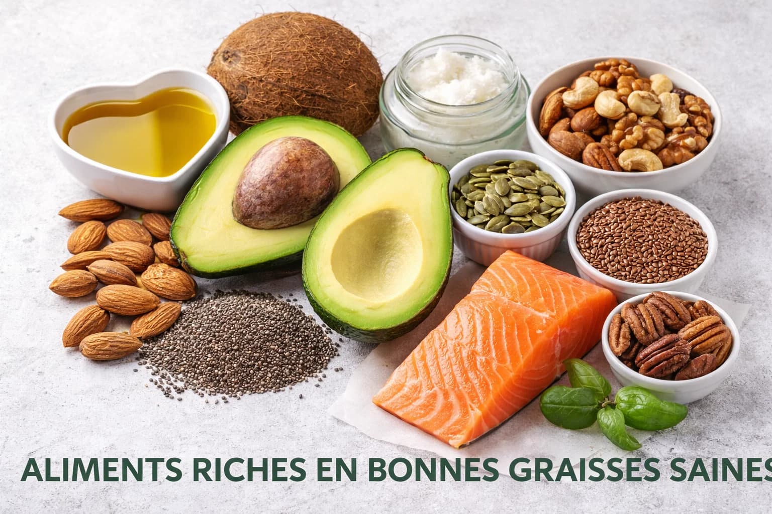 Un panier de marché rempli de produits frais et sains : avocats, noix, huiles végétales, saumon frais, le tout dans une lumière naturelle. L'image est réaliste et donne envie de consommer ces aliments.