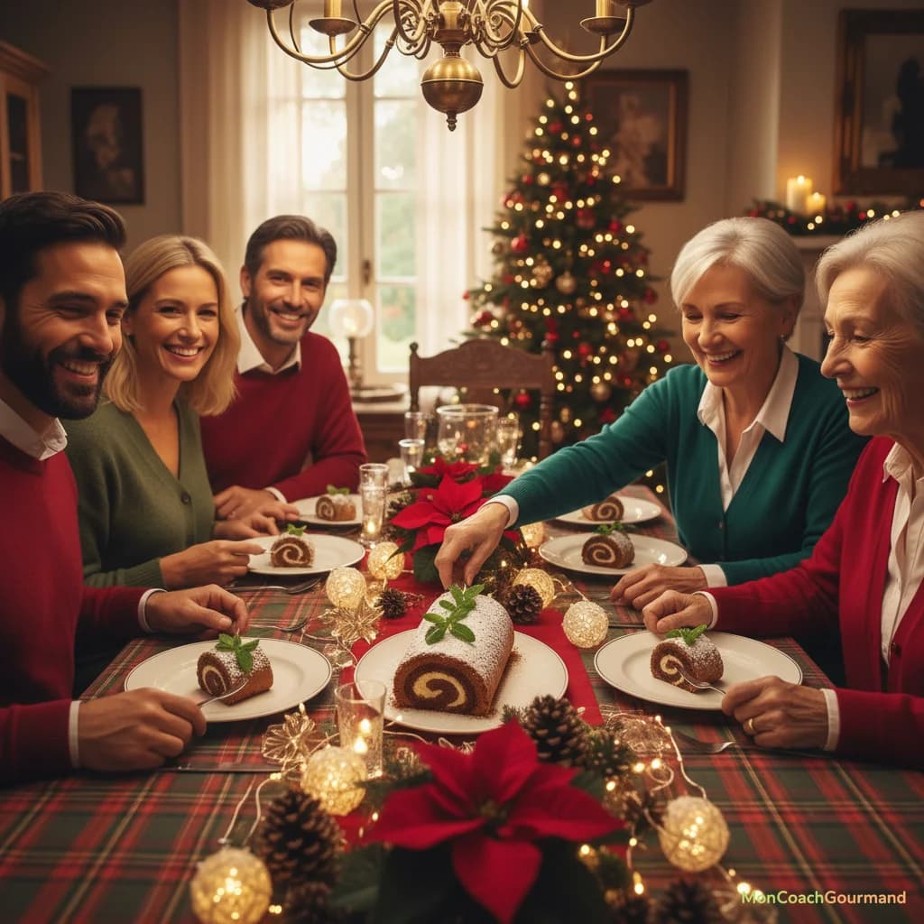 Plusieurs petites bûches de Noël individuelles avec des garnitures variées : une aux fruits, une au chocolat noir, une au yaourt grec et miel. L'image doit être réaliste.