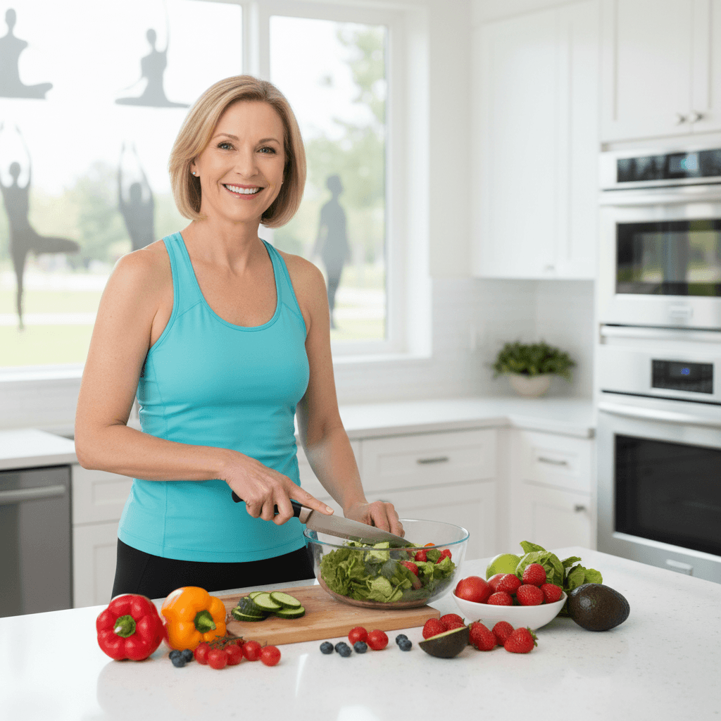 Une personne souriante en train de préparer une salade colorée, avec un mode de vie actif en arrière-plan, symbolisant une approche saine et durable.