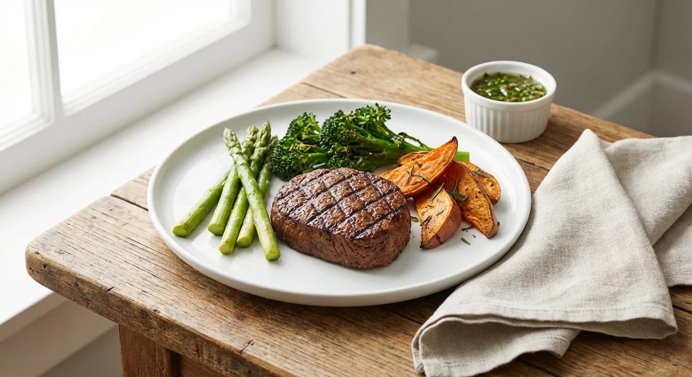 Une assiette avec un steak végétal, des légumes verts et des patates douces, reflétant une alimentation équilibrée et gourmande.