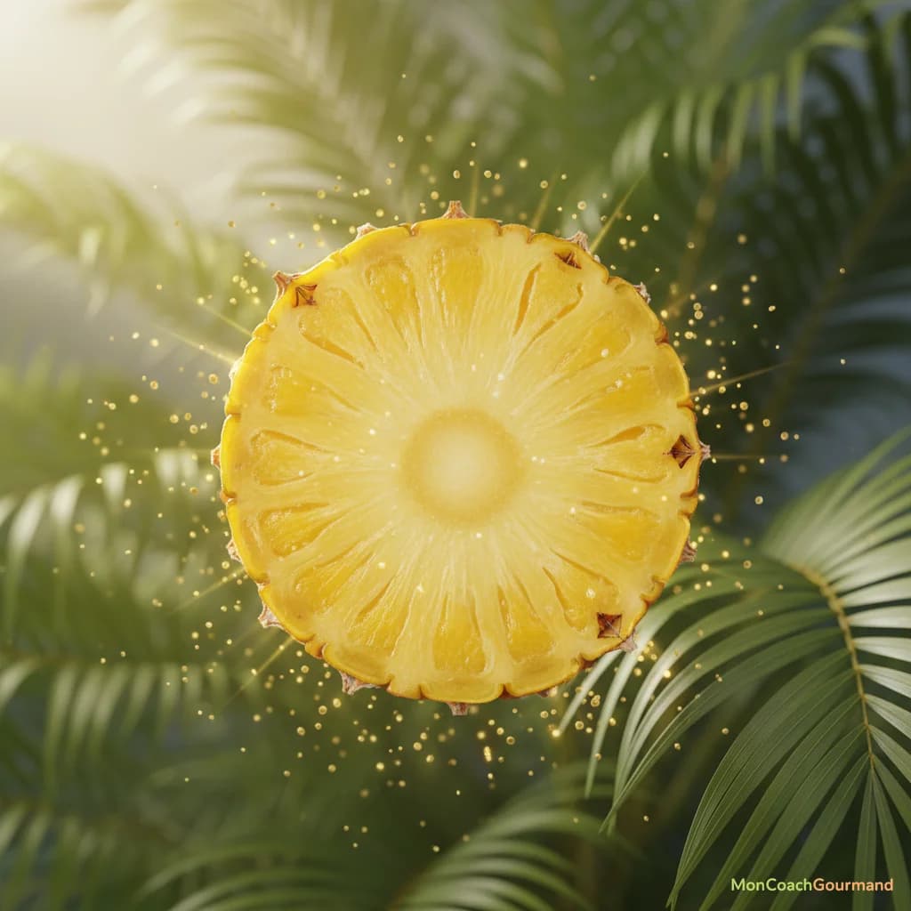 Image réaliste d'une coupe transversale d'ananas, mettant en évidence sa chair et des enzymes digestives symbolisées par de petites particules dorées, sur un fond doux et naturel.