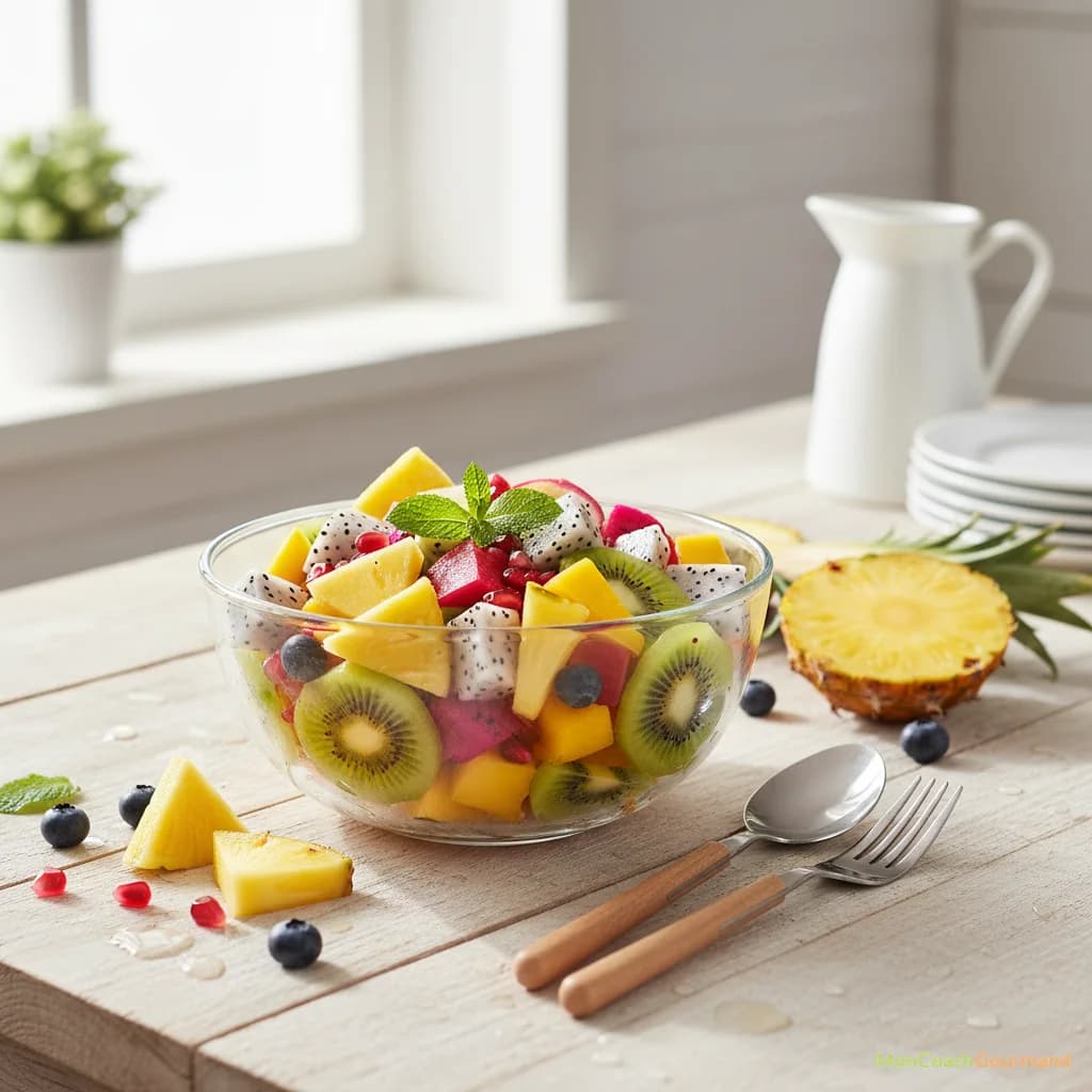 Image réaliste d'un ananas coupé en morceaux et incorporé dans un plat coloré et sain, comme une salade de fruits exotiques ou un smoothie, sur une table de cuisine lumineuse.