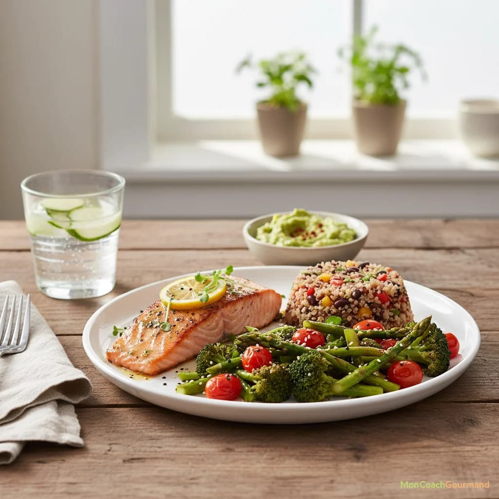 Assiette équilibrée et colorée pour un apport calorique intelligent, avec des légumes frais, des protéines maigres et des céréales complètes.