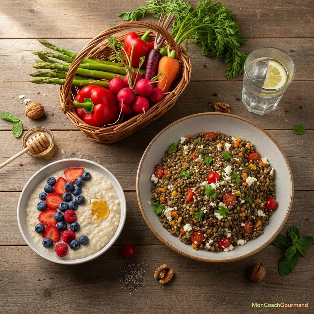 Une assiette composée de diverses sources de fibres : légumineuses, légumes, fruits, céréales complètes, présentée de manière appétissante et équilibrée.