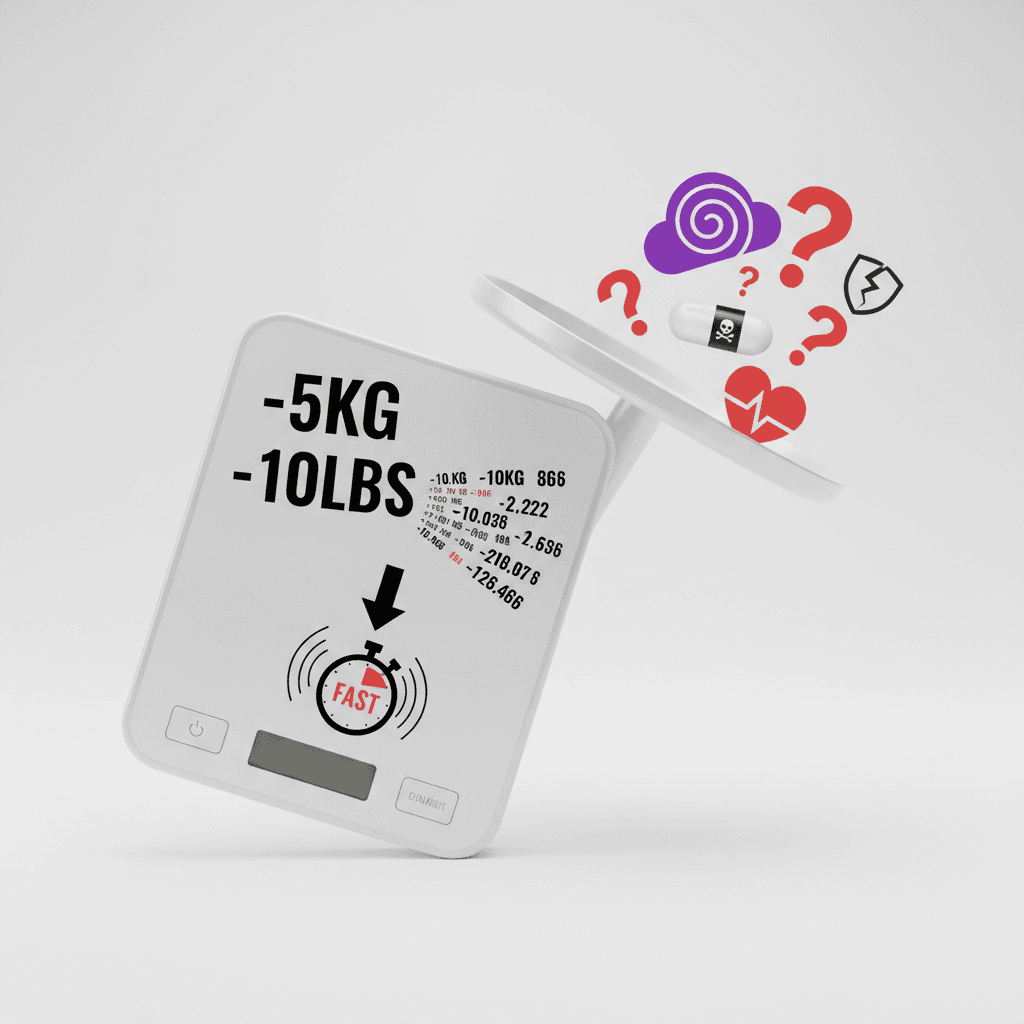 Une balance illustrant les avantages et les inconvénients du régime Thonon, avec des symboles positifs et négatifs autour d'une alimentation stricte.