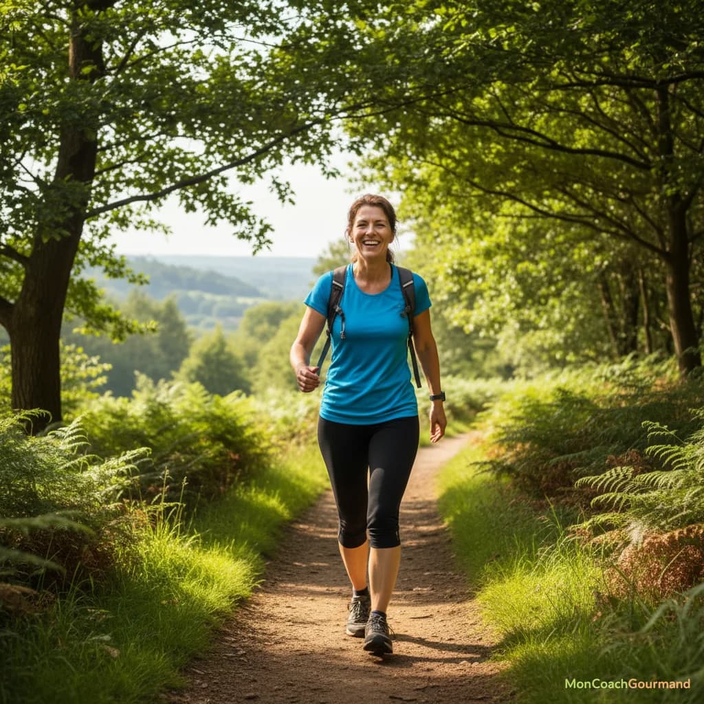 Personne souriante pratiquant la marche rapide en pleine nature, symbolisant les bienfaits de l'activité physique sur la santé.