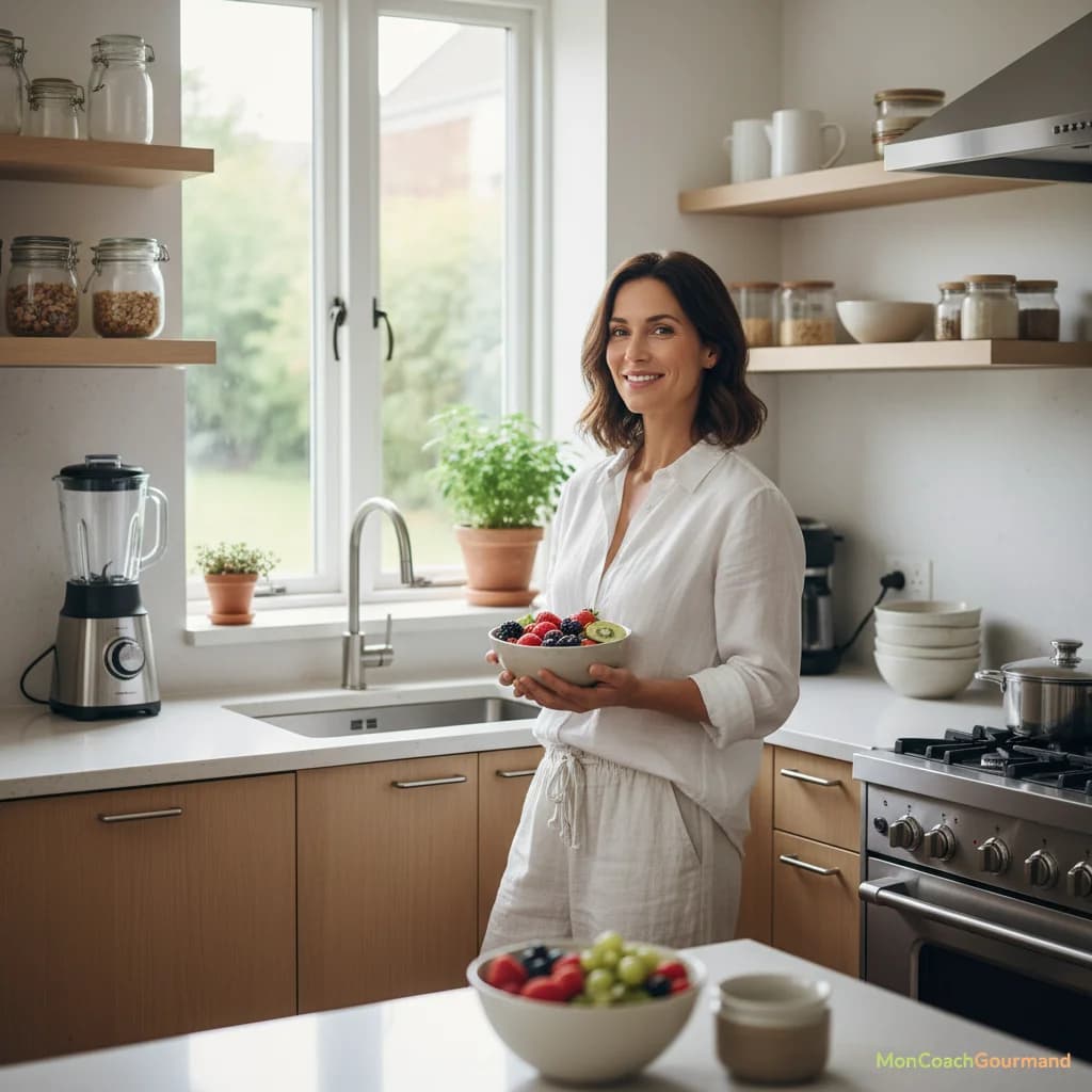 Une personne souriante et sereine, debout dans une cuisine moderne et ordonnée, tenant un bol de fruits frais, symbolisant un bien-être durable et une bonne santé grâce à une alimentation consciente