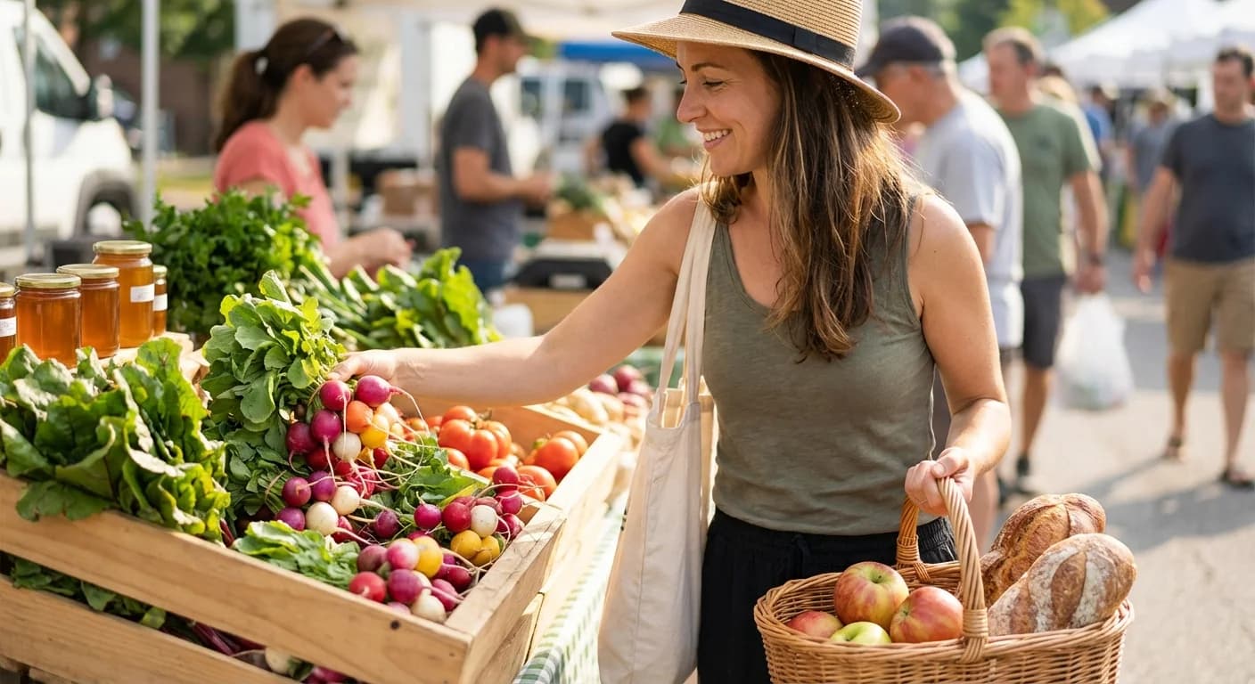 Une personne souriante faisant des courses dans un marché, choisissant des légumes frais et des produits non transformés, symbolisant des choix alimentaires sains et conscients.
