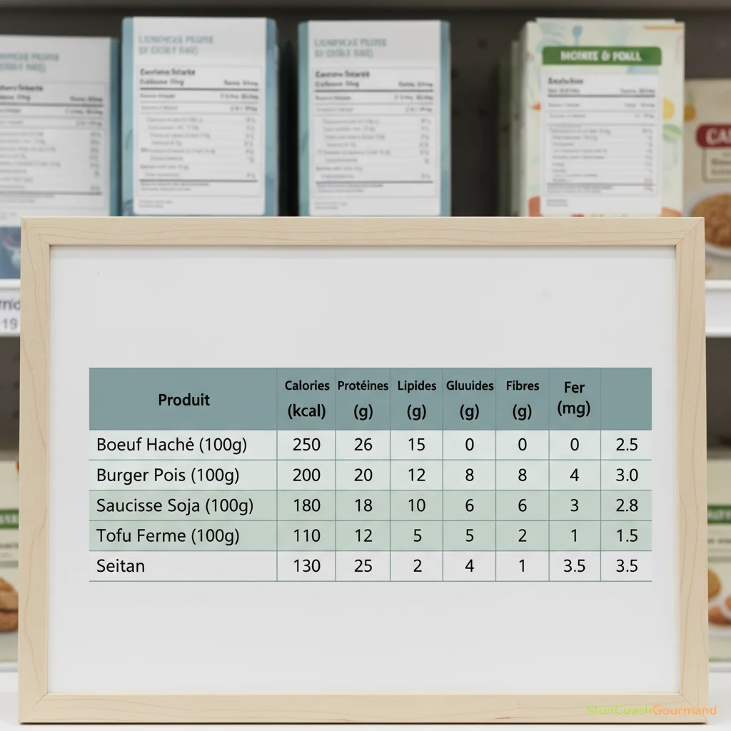 Tableau comparatif des valeurs nutritionnelles entre viande et substituts végétaux, avec des étiquettes d'aliments en arrière-plan.