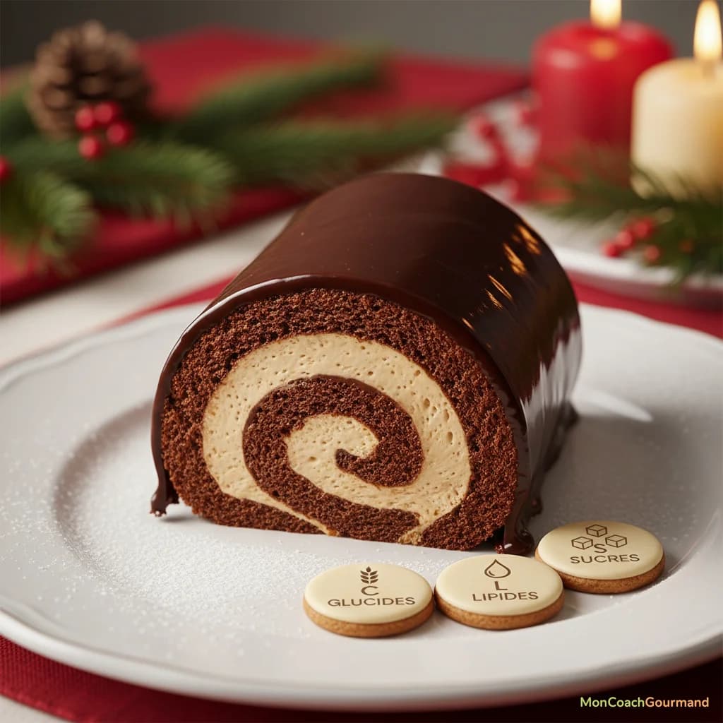Détail d'une part de bûche de Noël, montrant les différentes couches de biscuit, crème et glaçage, avec des marqueurs pour les glucides, lipides et protéines. L'image doit être réaliste.