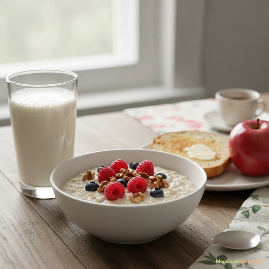 Une photo réaliste d'un petit-déjeuner équilibré avec un bol de flocons d'avoine, des baies fraîches, des amandes, un verre de jus d'orange et une tasse de thé vert, sur une table en bois.
