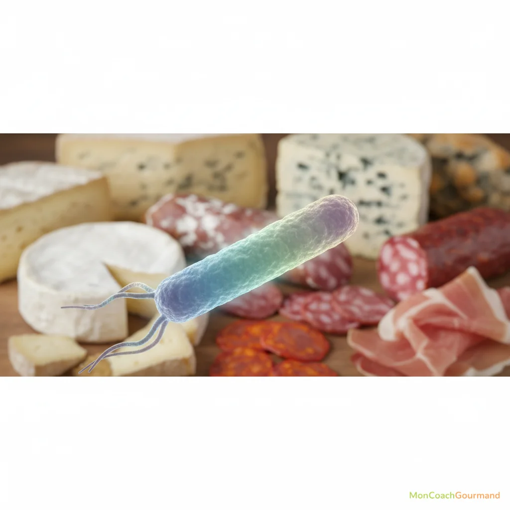 Illustration d'une bactérie Listeria monocytogenes vue au microscope, entourée de produits alimentaires à risque