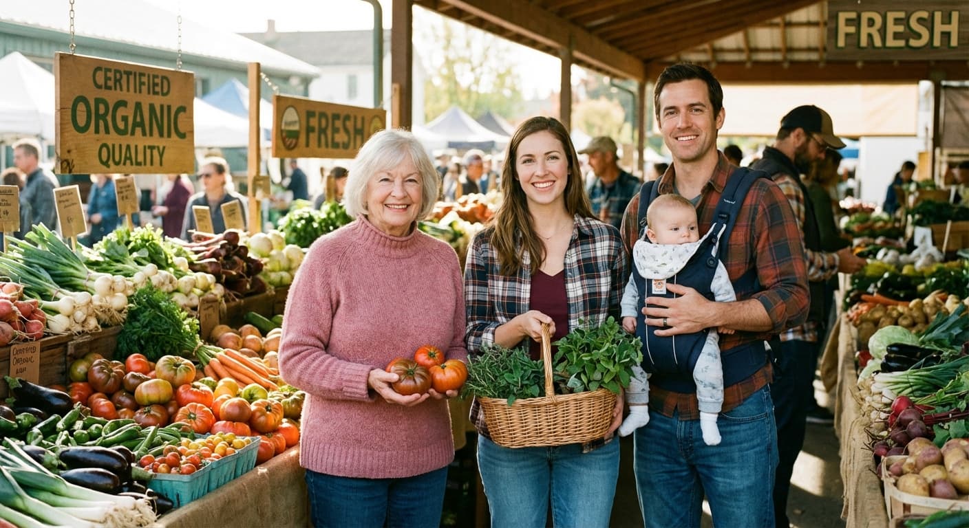 Des consommateurs souriants choisissant des produits frais et certifiés biologiques dans un marché, illustrant la confiance retrouvée.