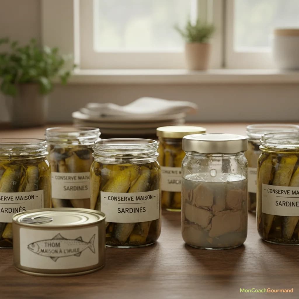 Image réaliste de conserves artisanales mal étiquetées ou présentant des signes de détérioration subtils, avec un focus sur les boîtes de sardines ou de thon maison.