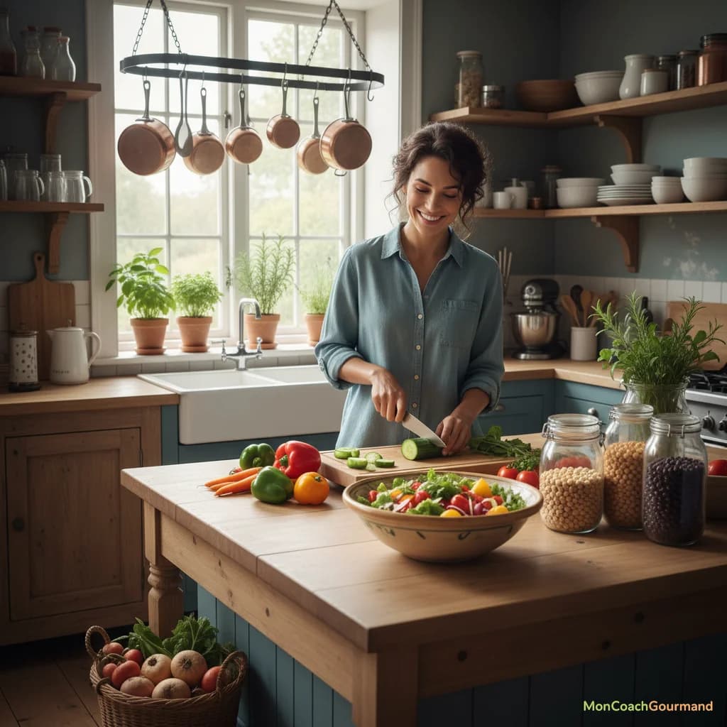 Une cuisine ordonnée avec une personne préparant des légumes frais, un grand saladier coloré, des bocaux de légumineuses et des herbes aromatiques, symbolisant une cuisine saine et économique.