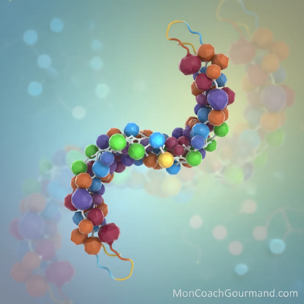 Illustration montrant la structure d'une protéine, avec des acides aminés symbolisés par différentes couleurs, mettant en évidence les acides aminés essentiels