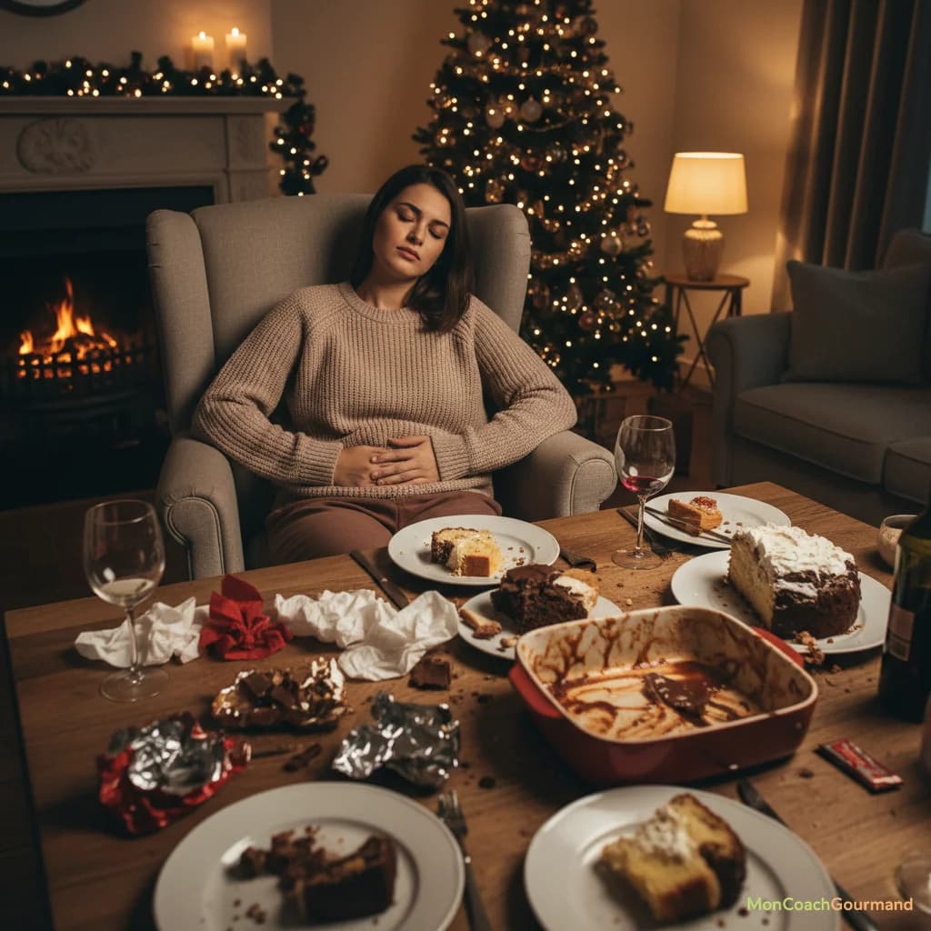 Personne fatiguée après les fêtes de fin d'année devant une table de restes de nourriture