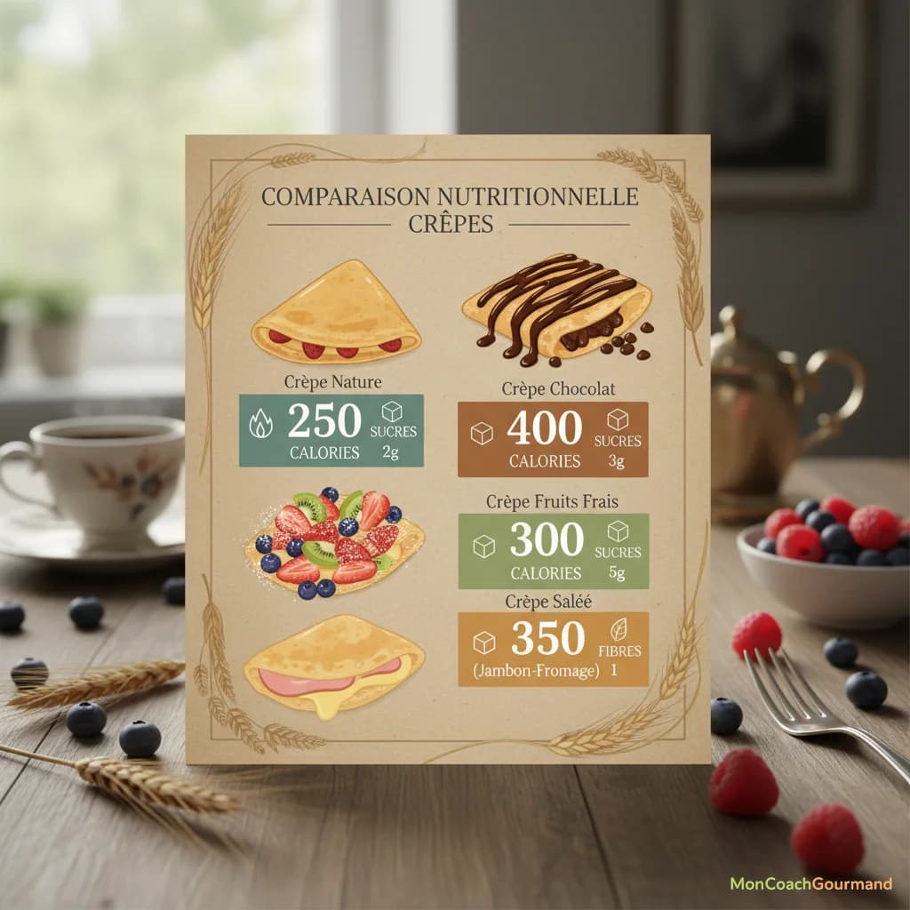 Un tableau comparatif des apports nutritionnels de différentes garnitures de crêpes : une crêpe nature, une crêpe au chocolat, une crêpe aux fruits frais et une crêpe salée au jambon et fromage. Les chiffres clés de calories, sucres et fibres sont mis en évidence. Image réaliste, fidèle à la description, aspectRatio 16:9.
