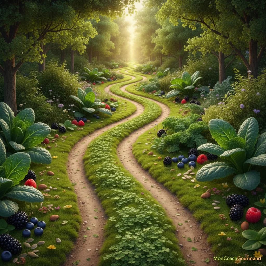 Un chemin sinueux mais verdoyant représentant l'équilibre entre gourmandise et alimentation saine