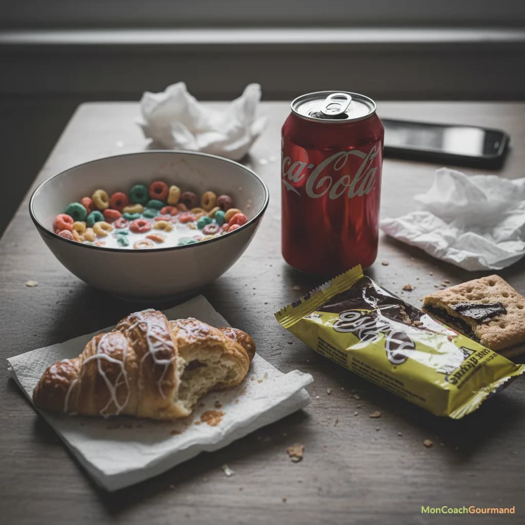Une photo réaliste montrant des produits typiques d'un mauvais petit-déjeuner : des céréales très sucrées, des viennoiseries, une boisson gazeuse, illustrant les erreurs à éviter.