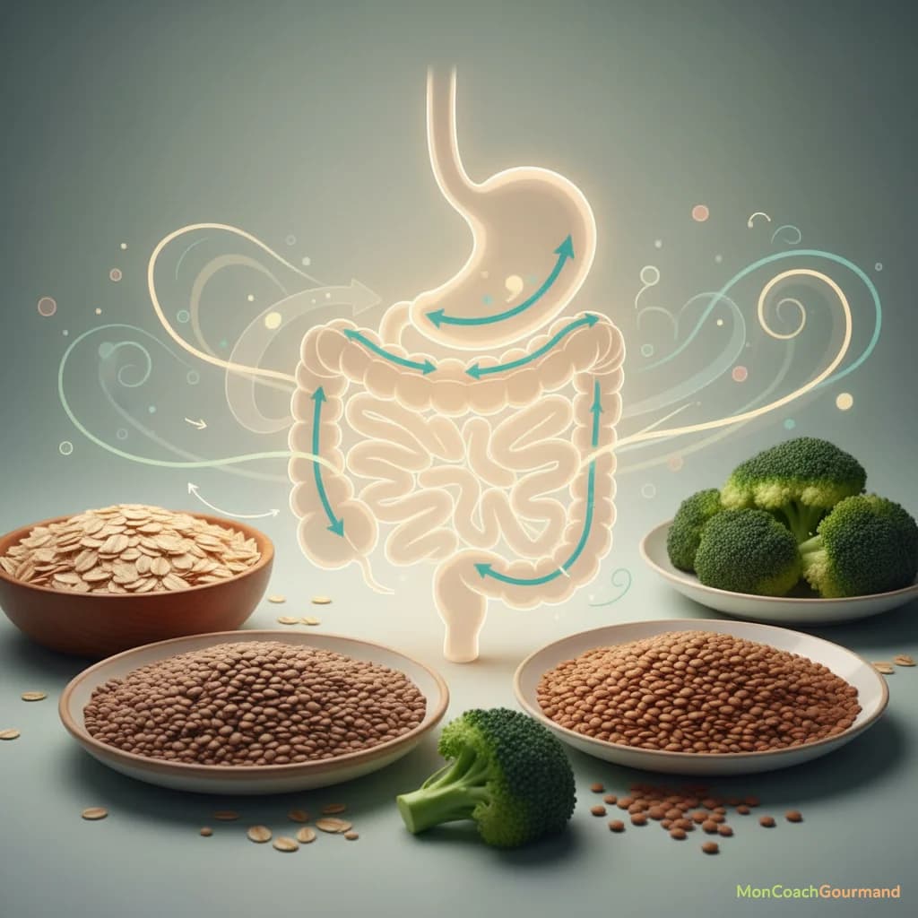 Illustration d'aliments riches en fibres favorisant un transit intestinal sain et un ventre léger, avec des légumes, des fruits et des céréales complètes.