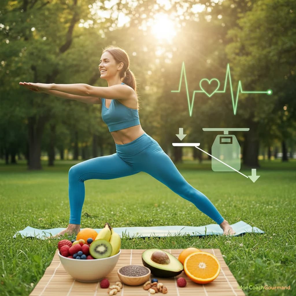 Une personne souriante et énergique faisant de l'exercice, illustrant la vitalité et la gestion du poids, avec des aliments sains en arrière-plan.