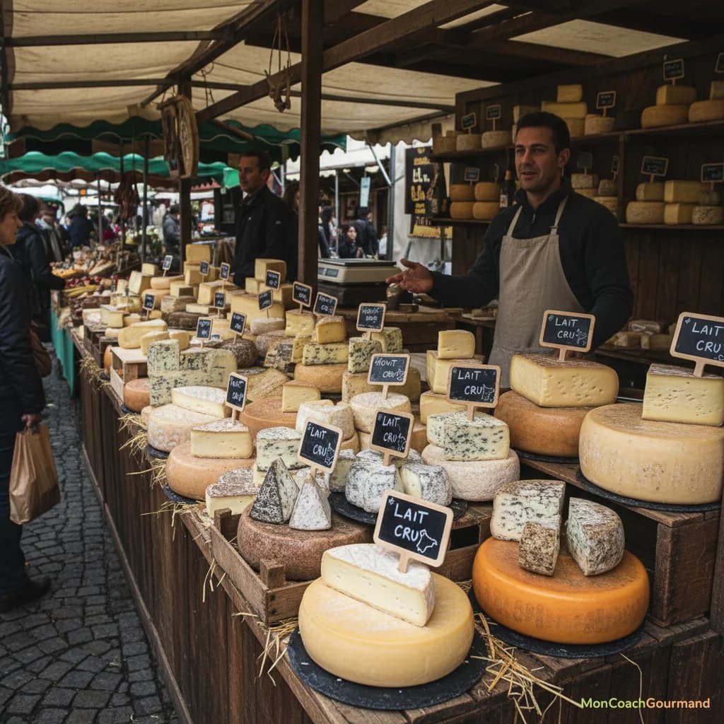 Assortiment de fromages artisanaux sur une table, certains visiblement au lait cru, mettant en évidence leur diversité et leur aspect traditionnel