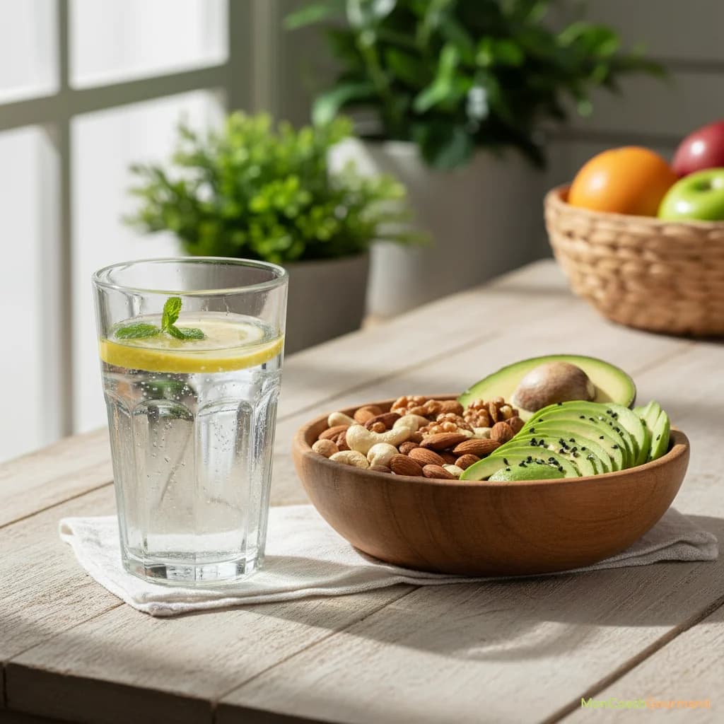 Verre d'eau frais et assortiment de graisses saines comme l'avocat et les noix, symbolisant un métabolisme optimisé.