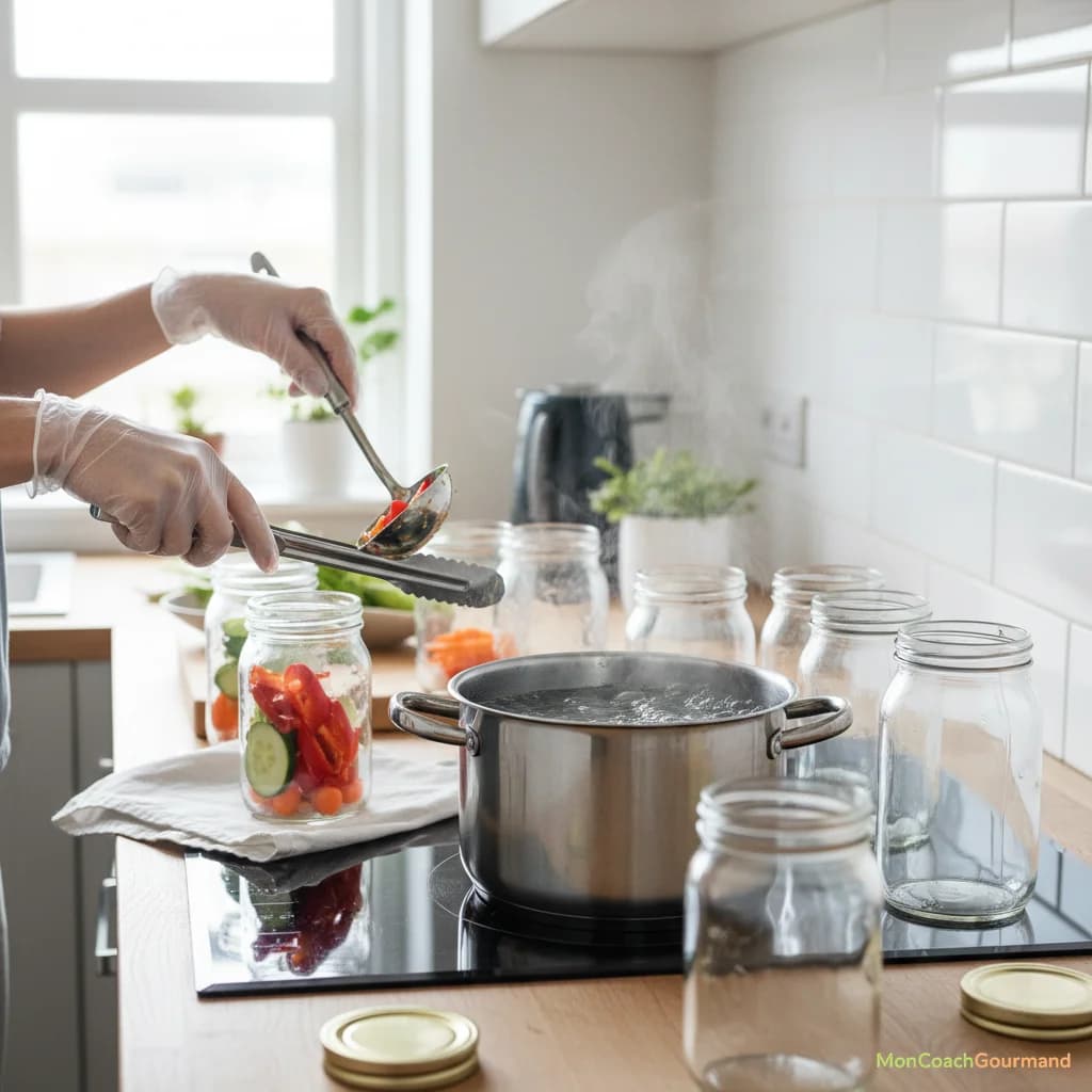 Gros plan sur des mains préparant des conserves de manière hygiénique, avec des gants, des ustensiles propres et des bocaux stérilisés, dans une cuisine lumineuse.