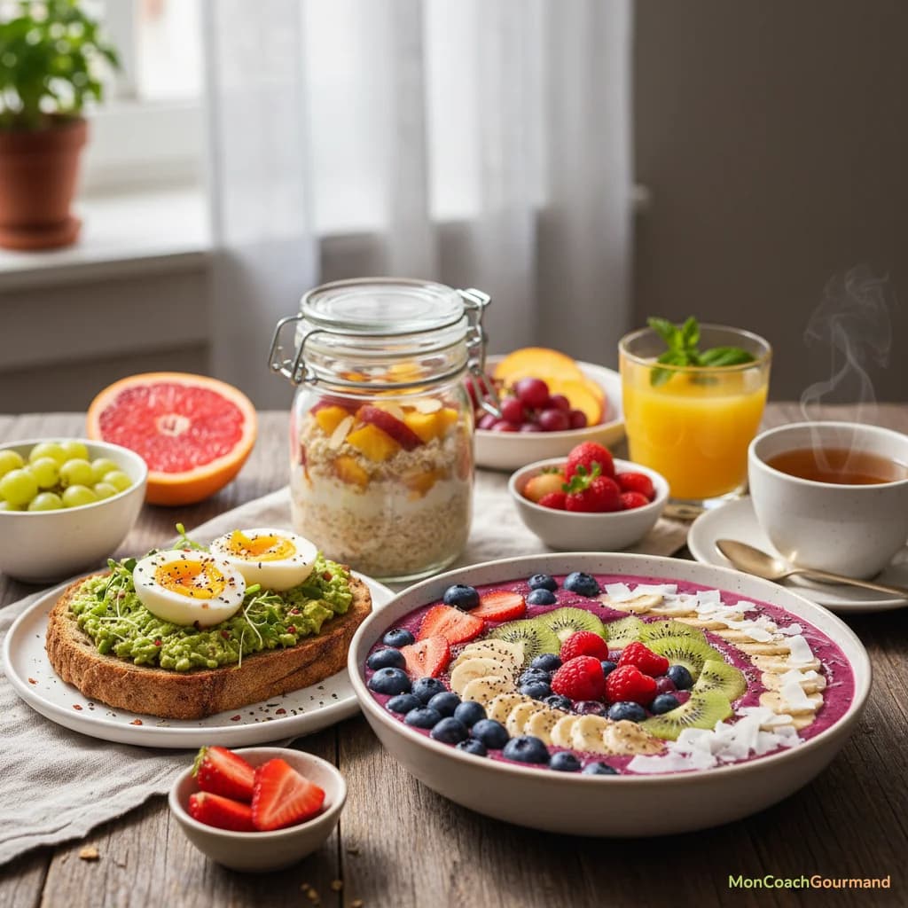 Une photo réaliste d'une variété de petits-déjeuners sains et gourmands : porridge aux fruits, tartines d'avocat et œuf, smoothie bowl, avec des ingrédients frais et colorés.