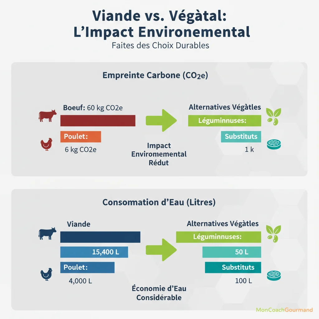 Représentation graphique de l'empreinte carbone et de la consommation d'eau pour la production de viande versus alternatives végétales.