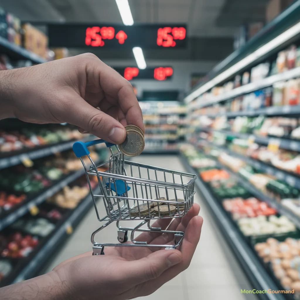 Une main manipulant des pièces de monnaie avec un panier de courses vide, sur fond de rayons de supermarché avec des prix affichés en hausse, illustrant l'inflation sur les produits frais.