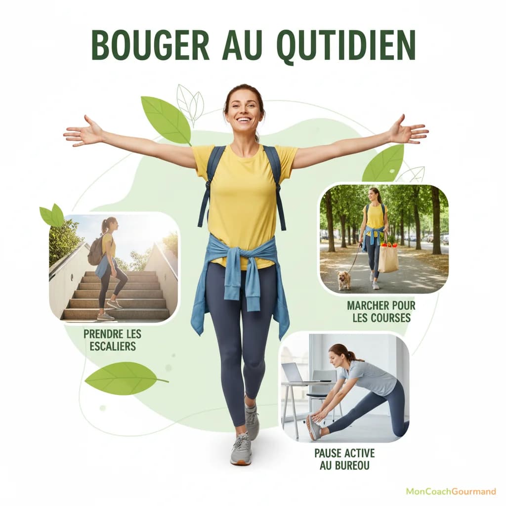 Une personne souriante montrant des exemples simples d'intégration de l'activité physique dans la vie quotidienne, comme prendre les escaliers, marcher pour les courses, ou faire une pause active au travail.