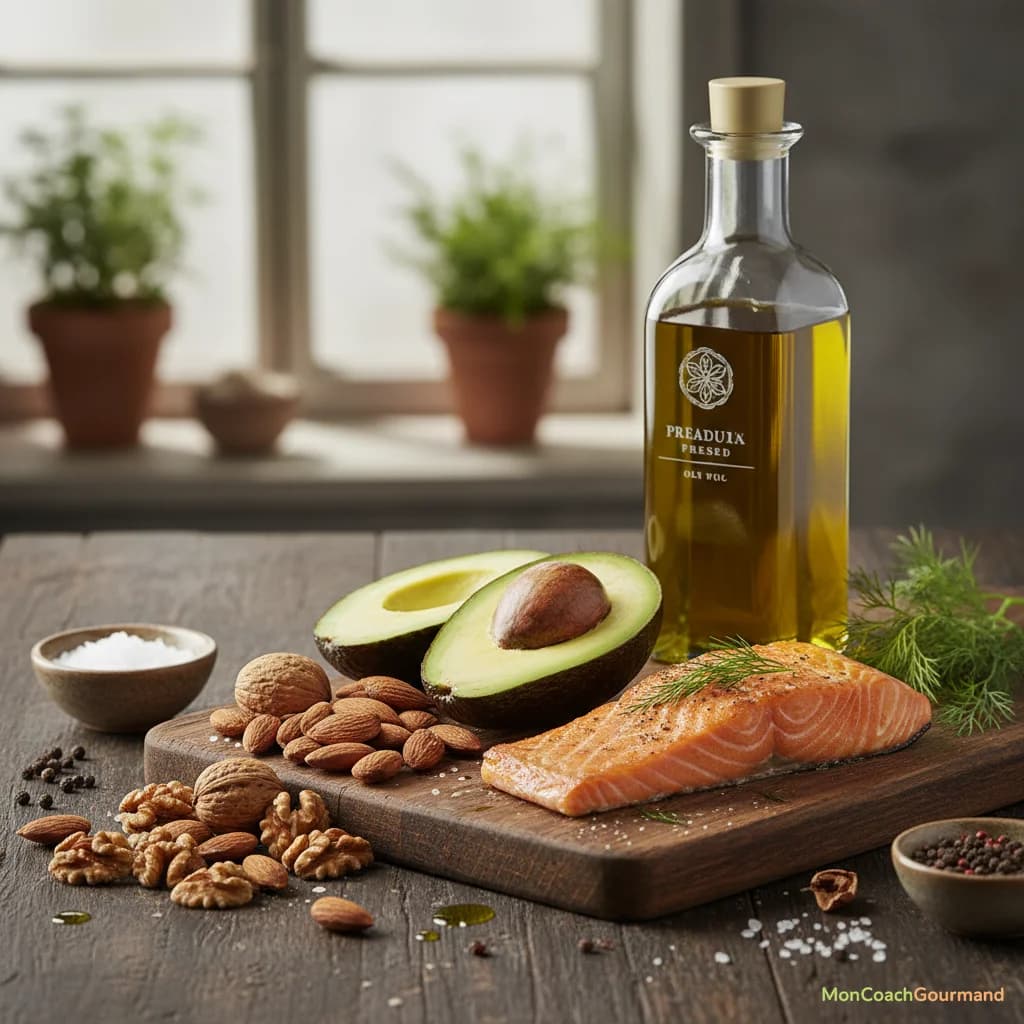 Une variété d'aliments riches en bonnes graisses comme des noix, des graines, de l'huile d'olive, et des poissons fumés, présentés de manière appétissante sur une table rustique. L'image est réaliste et invite à la dégustation.