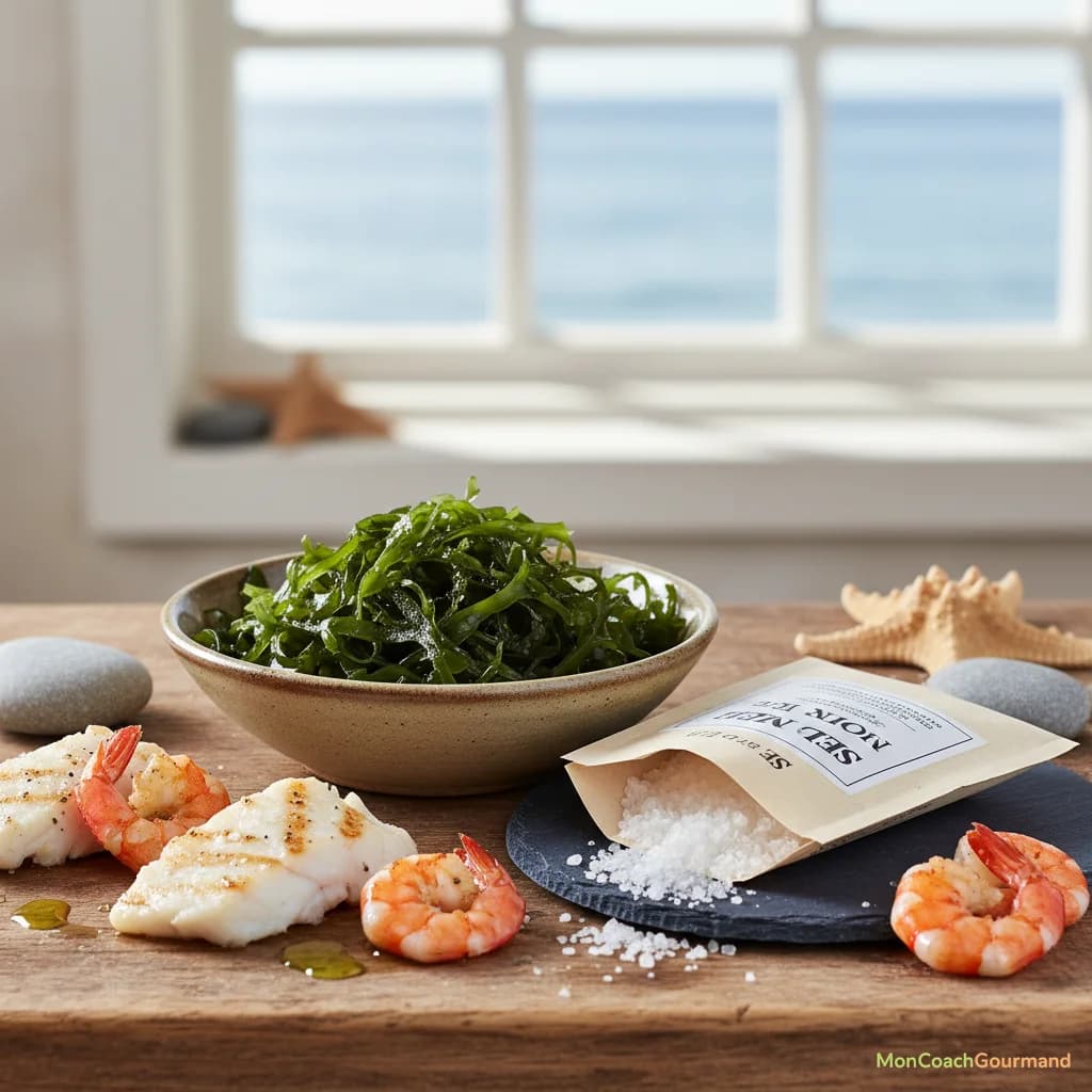 Un bol d'algues, du sel iodé, et des fruits de mer, symbolisant les sources d'iode essentielles pour une fonction thyroïdienne saine.