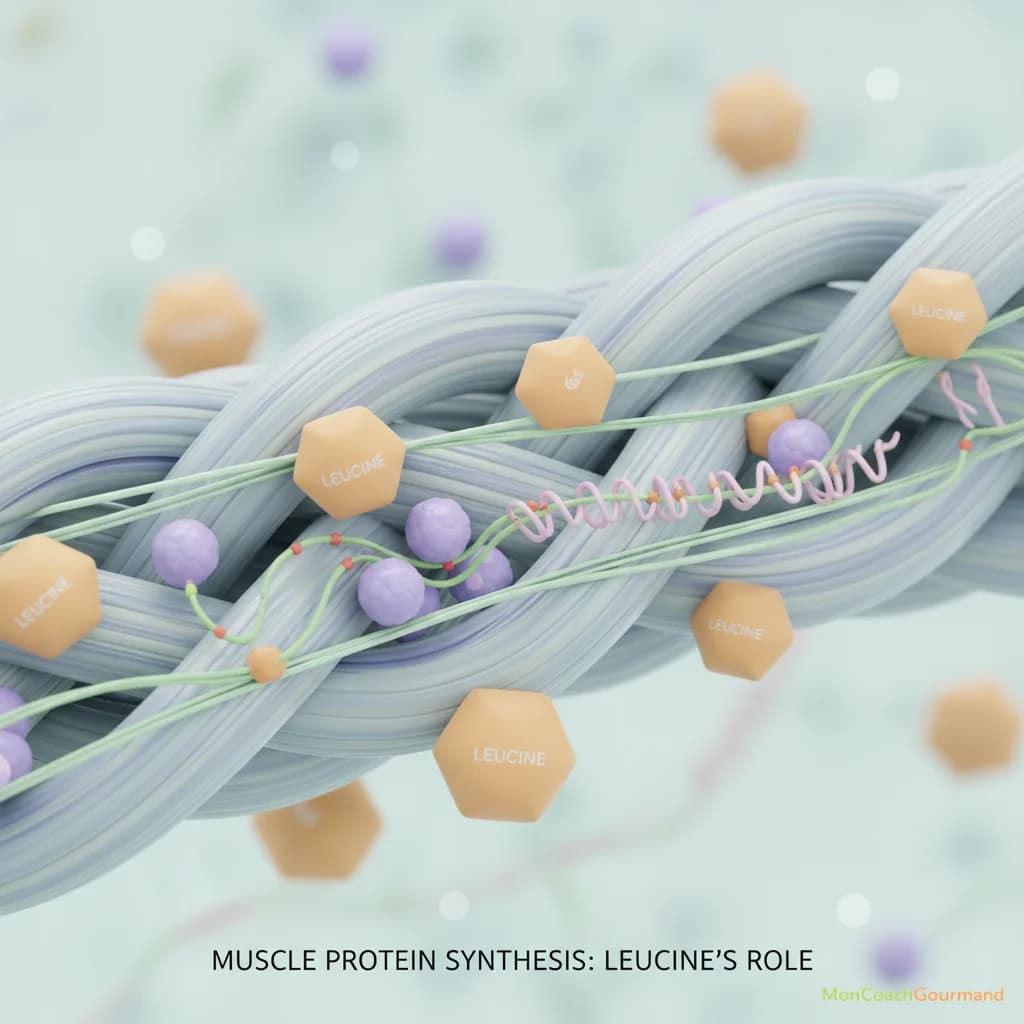 Illustration réaliste de molécules de leucine interagissant avec des fibres musculaires pour la synthèse protéique musculaire. Les couleurs sont claires et professionnelles.