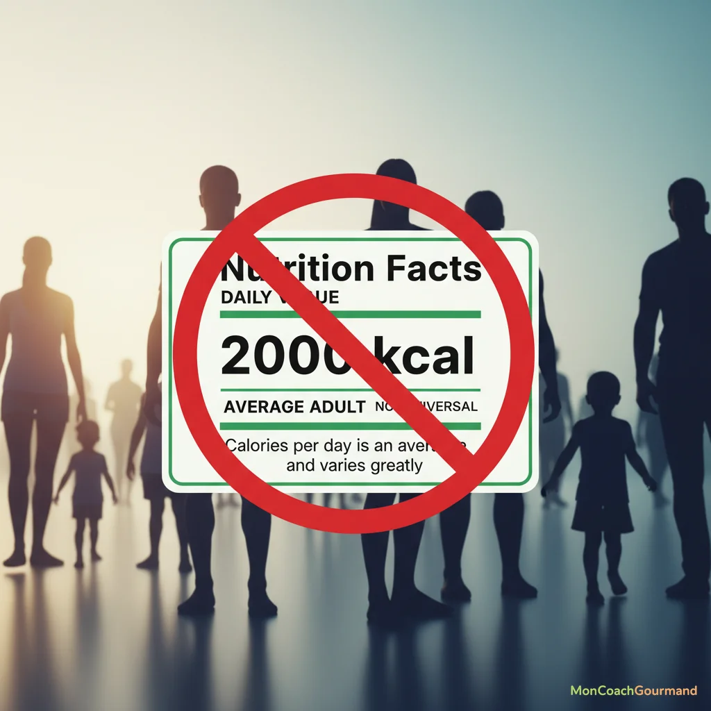 Un panneau d'interdiction superposé à une assiette de nourriture, avec une étiquette '2000 kcal' biffée, symbolisant la limitation des recommandations caloriques génériques. Aspect ratio 16:9.
