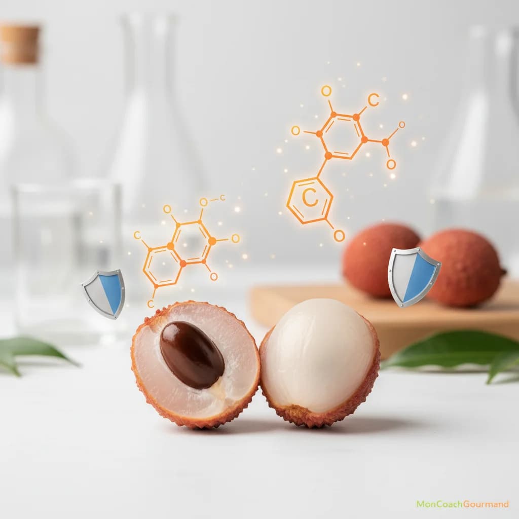 Litchi ouvert avec des symboles de vitamine C et d'immunité, ambiance scientifique et gourmande