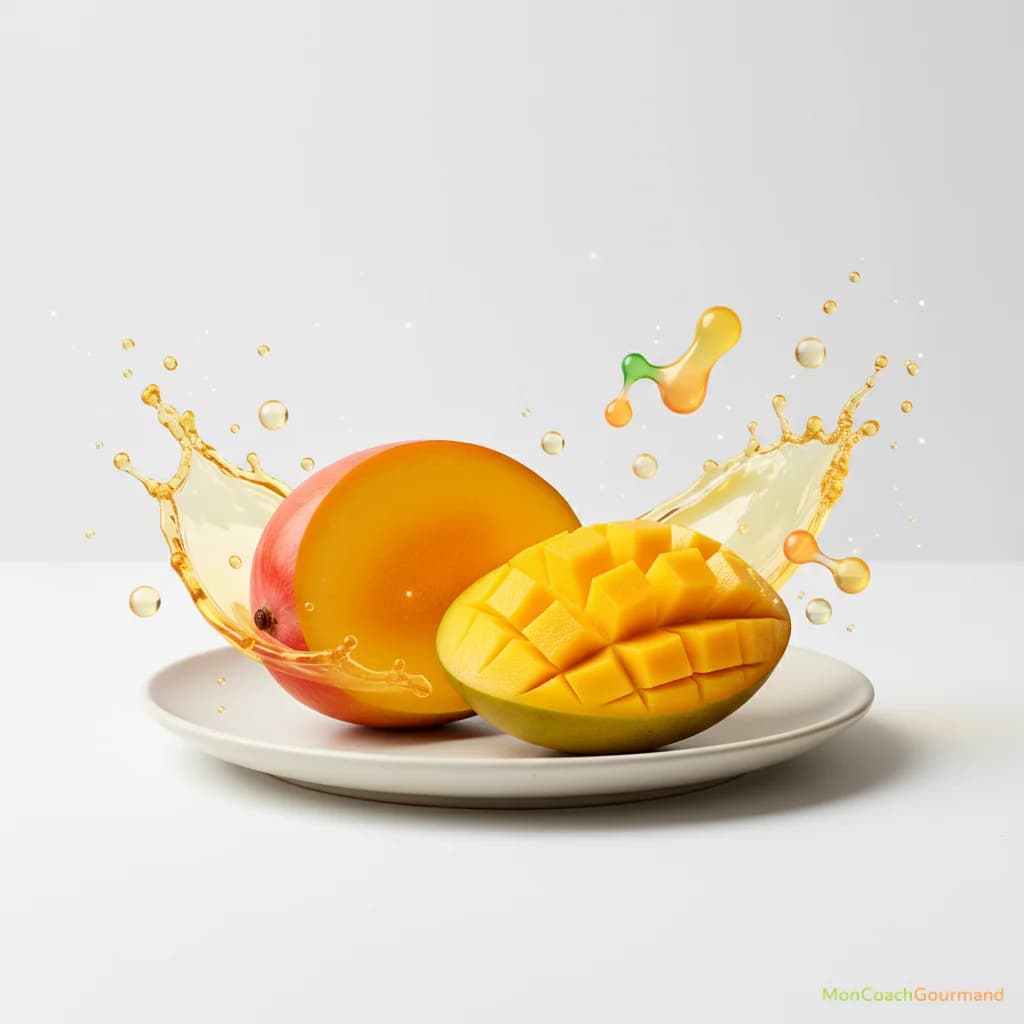 Une mangue coupée en deux sur un fond clair, avec une éclaboussure de jus de mangue et des éléments représentant la vitalité et les vitamines, dans un style réaliste et lumineux.