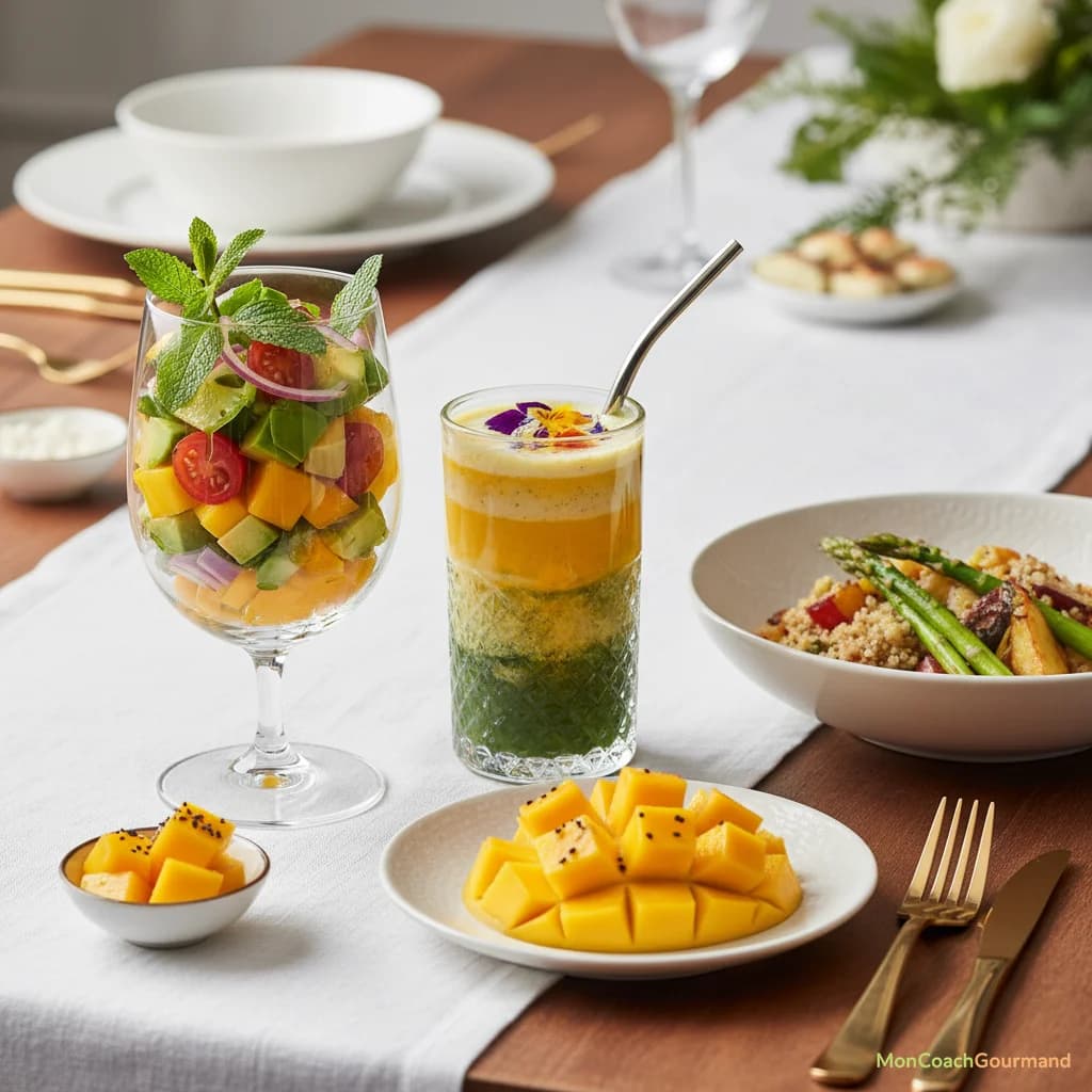 Un assortiment de plats de fête végétariens et équilibrés, mettant en vedette la mangue sous diverses formes : salade fraîche, smoothie coloré, accompagnement de plat principal, dans une présentation élégante et réaliste.