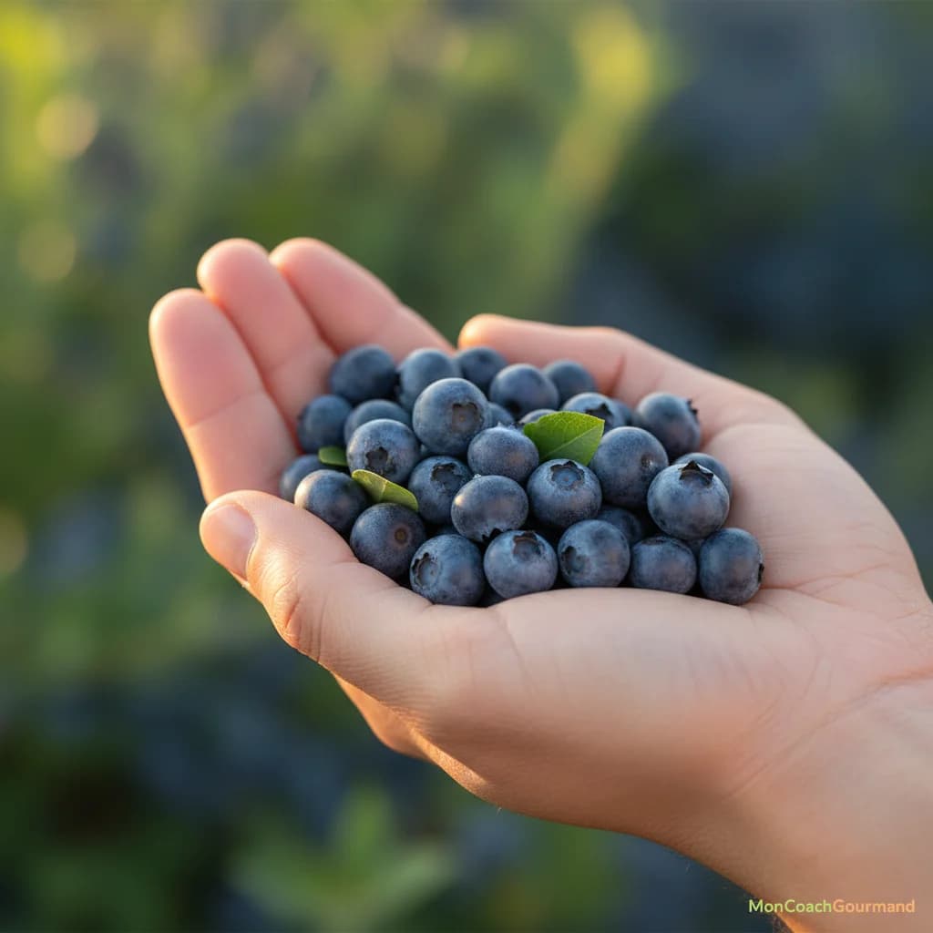 Gros plan sur une poignée de myrtilles dans une main, symbolisant la connexion entre l'alimentation et la santé cardiaque, avec une texture riche et des couleurs vibrantes.