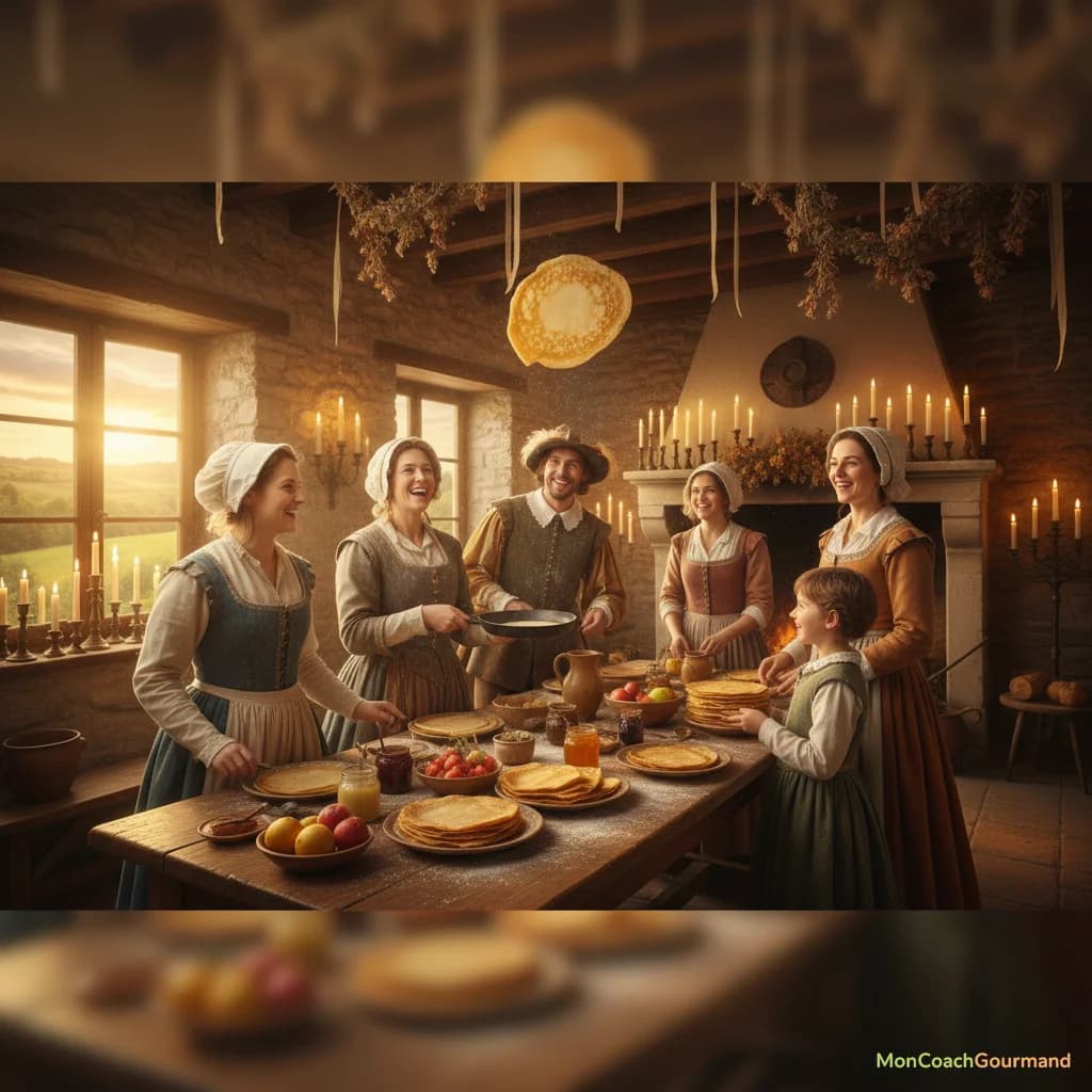 Illustration représentant une scène historique de préparation de crêpes pour la Chandeleur, avec des bougies allumées et des personnes souriantes, suggérant l'abondance et la lumière.