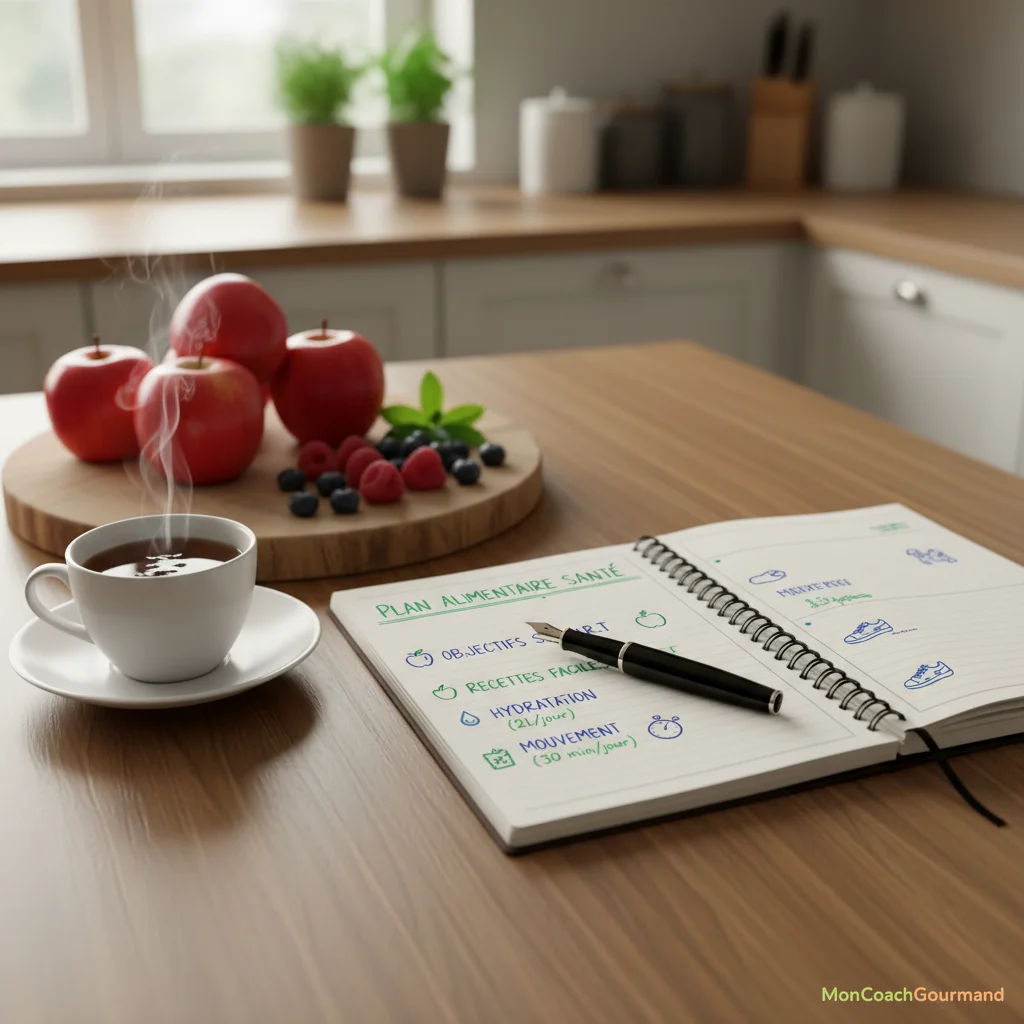 Un carnet de notes avec un plan alimentaire sain, des fruits, un stylo et une tasse de thé, symbolisant la planification et l'organisation
