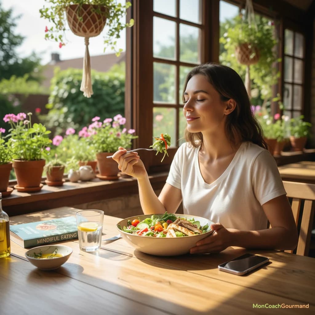 Une femme savourant un plat de salade fraîche avec une attention particulière, assise à une table lumineuse, symbolisant la pleine conscience alimentaire et la consommation consciente